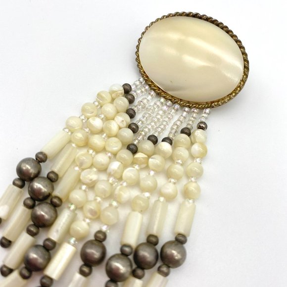 1980s Vintage Long Beaded Pin - Mother of Pearl Brooch - Picture 4 of 4